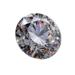 A sparkling round brilliant cut diamond with rainbow refractions isolated on transparent background