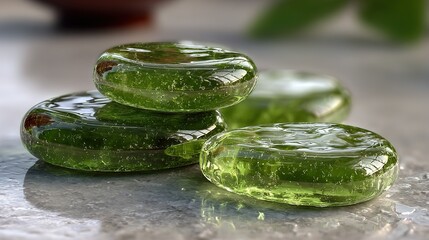 Stacked translucent green stones on a surface.