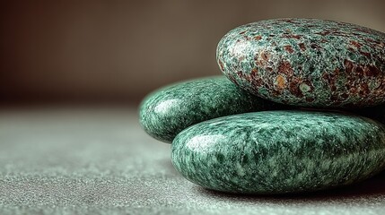 Stacked green stones on a gray surface.