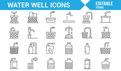 Line-drawing water well icons showcasing different water sources and systems for environmental and water-related digital projects.