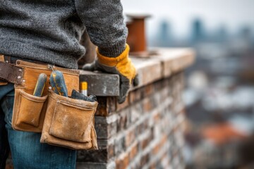 A worker focuses on fixing a brick chimney while wearing gloves and using various tools, set against an urban background
