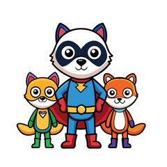Fototapeta premium Cute Animal Superhero Mascot Set – Cat, Dog, Panda & Fox Vector Illustration