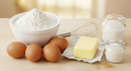 Baking Ingredients Including Eggs, Flour, Butter, Sugar, and Whisk