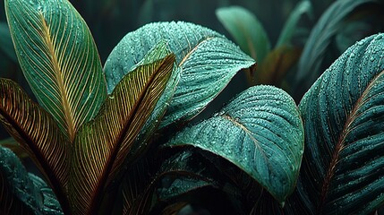 Close-up view of vibrant tropical leaves covered in water droplets.
