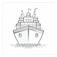 Line Art Illustration of a Boat Cruise Ship on the Water with Waves