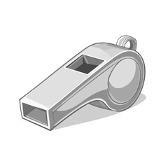 Illustration of a shiny silver whistle used for refereeing games or blowing to get attention on a black background