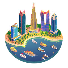 Obraz premium Isometric Cityscape with Buildings and Boats in a Bay