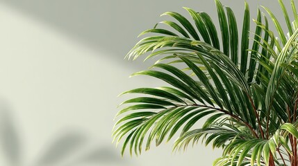 Close up of vibrant palm fronds against a neutral backdrop.