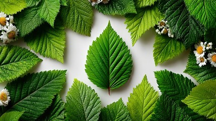Fresh green leaves arranged artfully on a white surface.