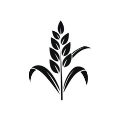 Simple wheat stalk silhouette on black background symbolizes agriculture and natural food ingredients