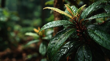 Close-up view of lush, wet leaves.