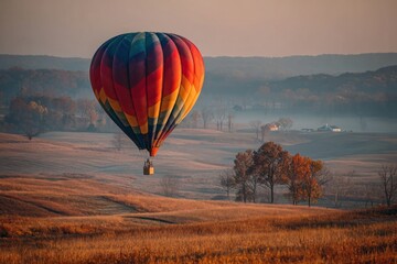 Obraz premium A vibrant hot air balloon floats gracefully above golden fields, with warm colors illuminating the morning sky and trees in the distance