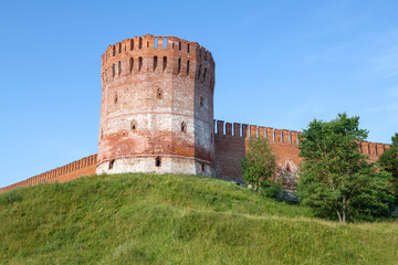 View of the ancient "Eagle" tower of the Smolensk Fortress on a sunny July day. Russia © sikaraha