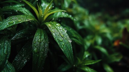 Close-up view of lush green leaves covered in water droplets.