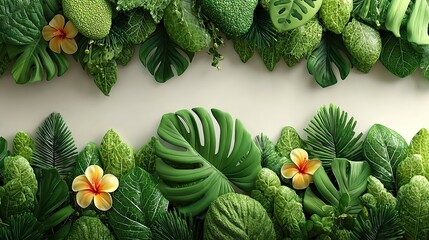Lush tropical foliage arrangement against a cream background.