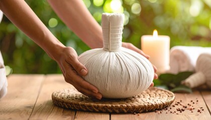 Hands Holding Herbal Compress Ball over a Woven Mat with Candles and Rolled Towels on Wooden Surface