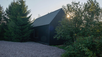 Modern black wooden cabin surrounded by greenery and pine trees, minimalist architecture in a natural forest setting. Vertical wood siding and sharp roof lines under clear sky.