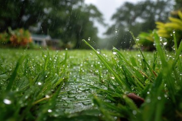 Raindrops cascade down onto vibrant greenery, soaking the grass on a gloomy day in a tranquil garden setting