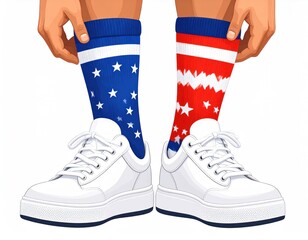 Hands Holding Socks With American Flag Design Wearing White Sneakers Isolated on White Background