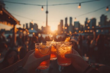 Friends toast during a lively rooftop gathering, enjoying cocktails as the sun sets behind a bustling city skyline