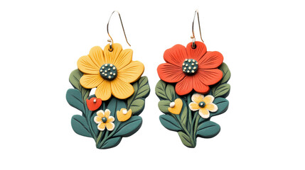 Handcrafted polymer clay earrings in floral design, Transparent background, PNG file