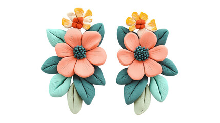 Handcrafted polymer clay earrings in floral design, Transparent background, PNG file