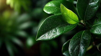 Close-up of lush, wet leaves.