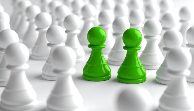 Two green chess pieces amidst a crowd of white
