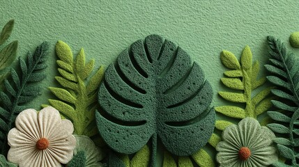 Decorative arrangement of textured leaves and flowers in soft greens and creams.