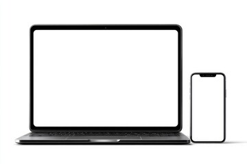 A sleek, dark-grey laptop with a blank white screen sits beside a similar-colored smartphone, also displaying a blank screen, against a pure white backdrop