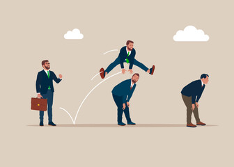 Ambition, competition and advance rapidly in business. Businessman jumping over another businessmen head, overcoming hurdle, challenge, difficulty, life trouble, problem. Vector illustration