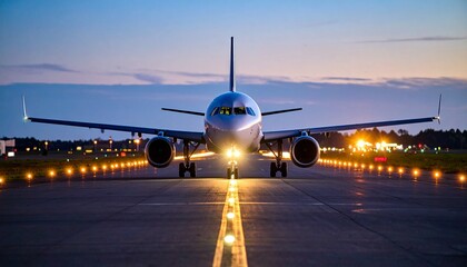 Lone Aircraft Taxiing with Illuminated Path at Dusk Under a Clear Twilight Sky