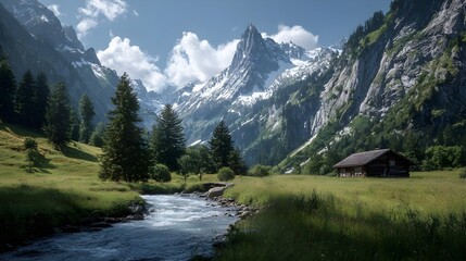 Idyllic Alpine View: Pristine River Running Through Meadows Beneath Majestic Snowy Summits