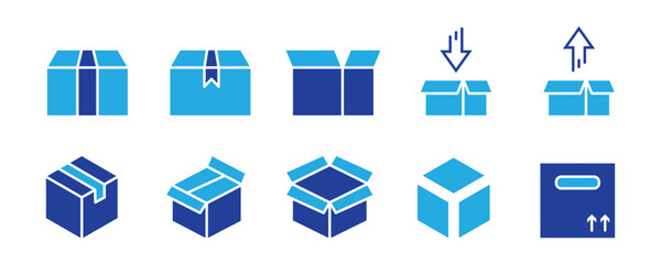 Package, delivery boxes, cargo box. Box line icons. Cargo distribution, export boxes, return parcel icons. Shipment of goods, purchase container, open package. Logistics goods. Vector