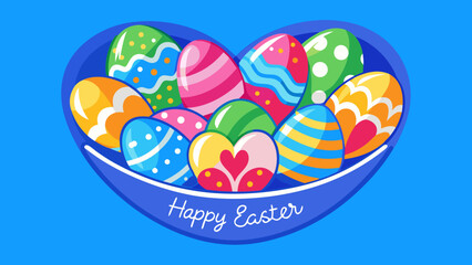 Colorful easter eggs with various patterns in a blue heart shaped bowl with happy easter text below it