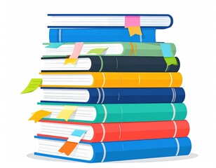 Pile Of Colorful Books Stacked With Variety Of Bookmarks On White Background
