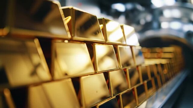 Stack of shiny gold bars in a bank vault storage room close up