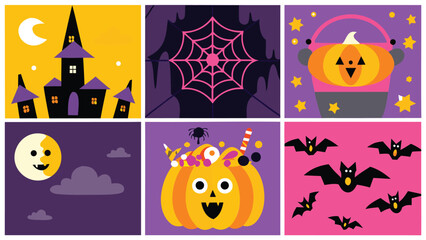 Collection of halloween themed illustrations featuring a haunted house, spiderweb, pumpkins and bats scenes