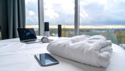 Hotel Bedroom Interior with White Bedding Laptop and Smartphone on Bed near Window with Cityscape View