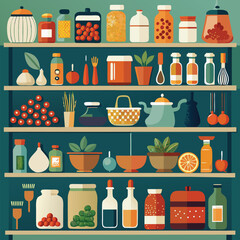 A colorful pantry illustration displaying various food jars and kitchen items on shelves suitable for culinary and food themed design projects