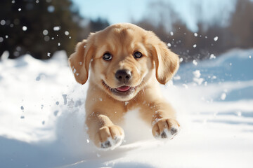 Retriever Labrador puppy playing in the snow looking cute and adorable outdoors