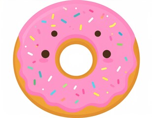 Pink Glazed Donut With Colorful Sprinkles And Brown Chocolate Chips Isolated On White Background