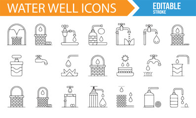 Collection of water well and water pump icons for agricultural, environmental, and plumbing-related designs.