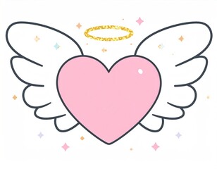 Pink Heart With White Wings And A Golden Halo On A White Background With Pastel Sparkles