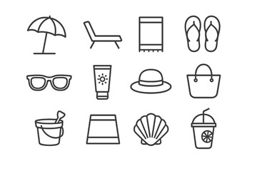Beach essentials icons: umbrella, flip-flops, sunglasses, shell, hat