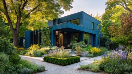 Fototapeta premium Stunning photo of modern Blue House with Lush Garden in Suburban Setting.