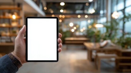 Person Holding Empty White Tablet Screen in Modern Cafe Interior