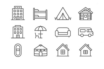 Various accommodation icons: hotel, tent, cabin, camper, yurt, house