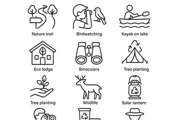 Obraz premium Outdoor activities icons: birdwatching, kayaking, eco lodge, wildlife, tree planting