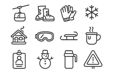Winter icons set: ski lift, boots, gloves, snowflake, cabin, snowman, thermos, warning